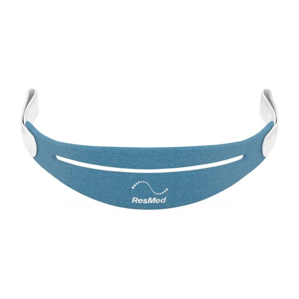 Front view of the ResMed 30i headgear, a blue fabric band with white hook-and-loop tabs at each end
