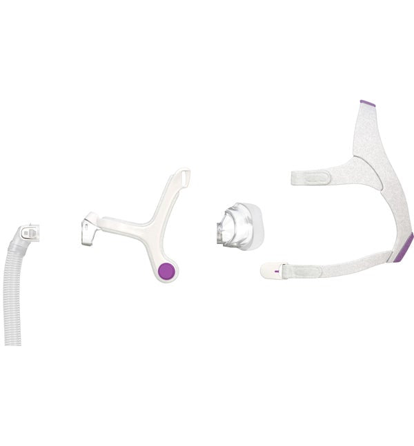 Exploded view of the AirFit N20 For Her parts: short tube with elbow, frame, cushion and lavender headgear