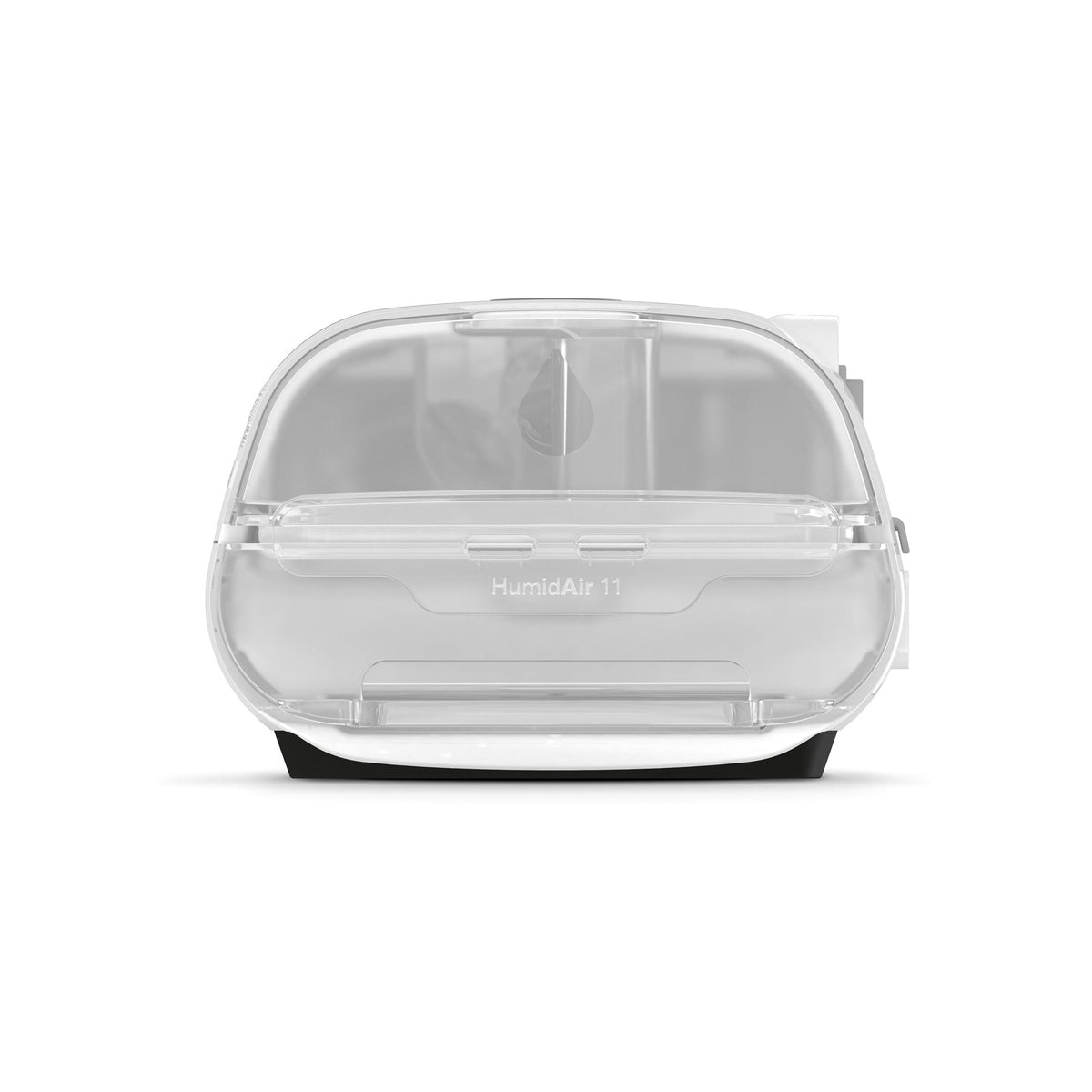 Front view of the clear HumidAir 11 water tub seated in the side of a ResMed AirSense 11
