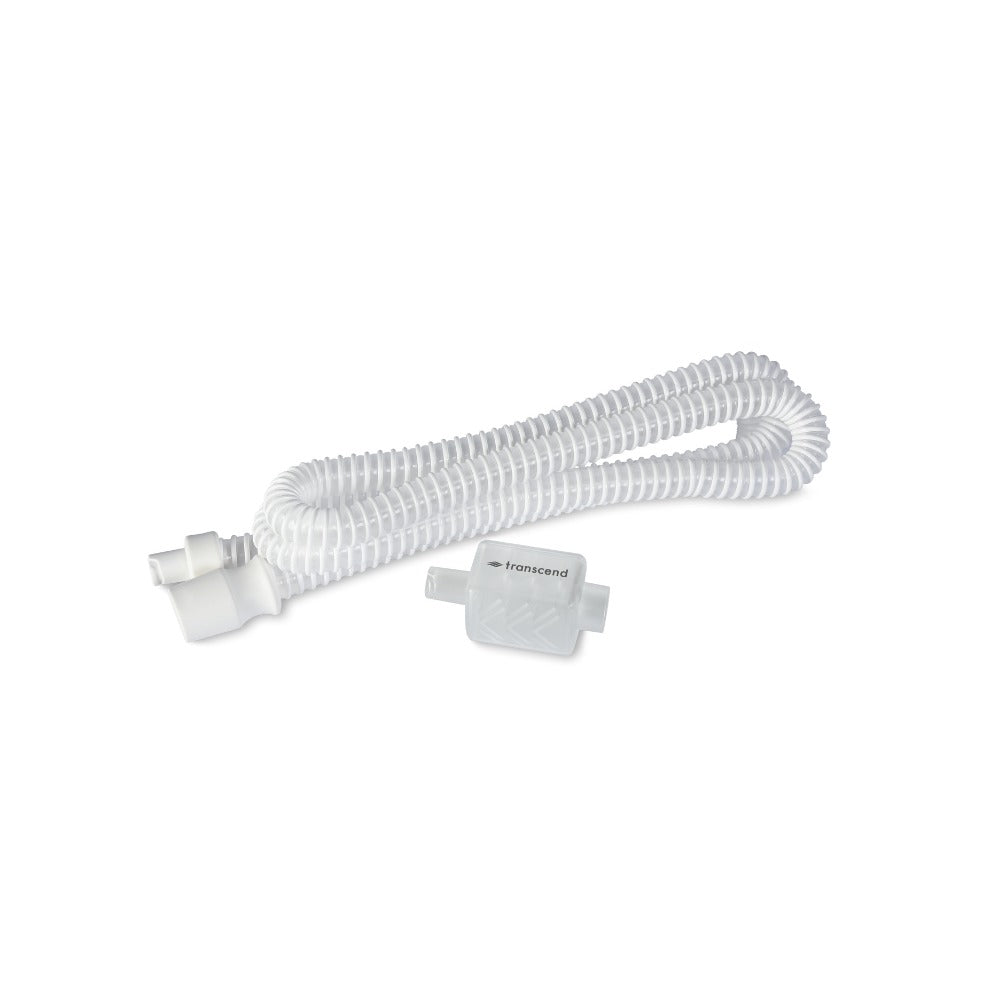 The WhisperSoft Micro Muffler and an AirFlex hose, the parts that link the Transcend Micro to your mask