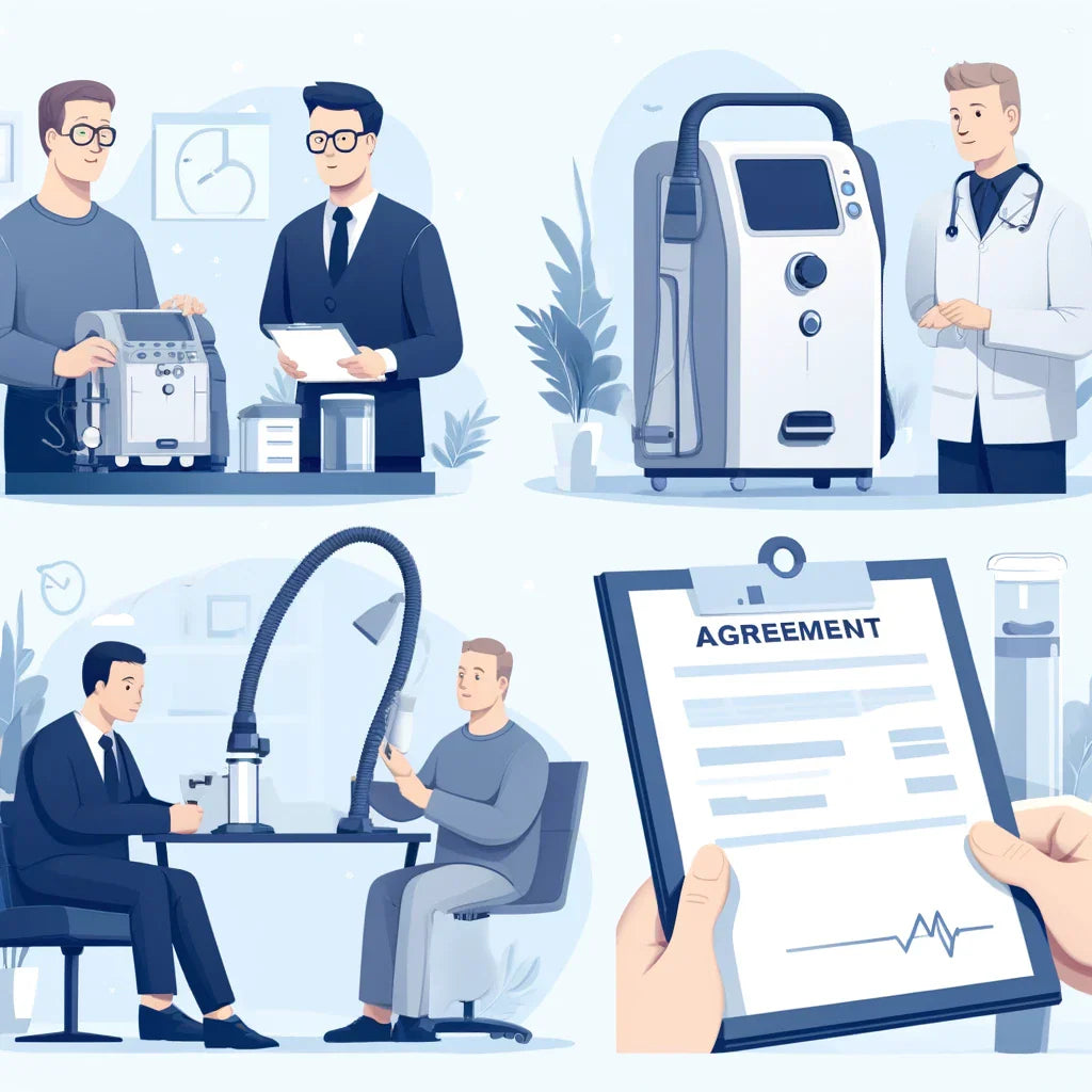 A four-panel illustration depicting the CPAP rental process: a consultation with a specialist, a medical device display, a patient fitting, and a hand holding a rental agreement.