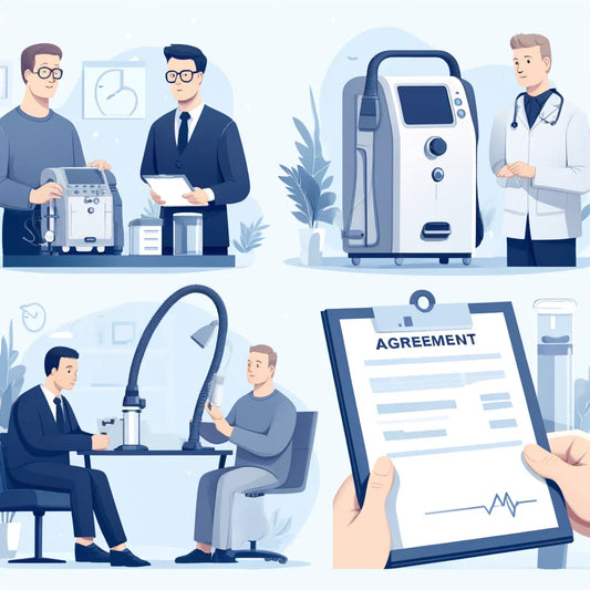A four-panel illustration depicting the CPAP rental process: a consultation with a specialist, a medical device display, a patient fitting, and a hand holding a rental agreement.