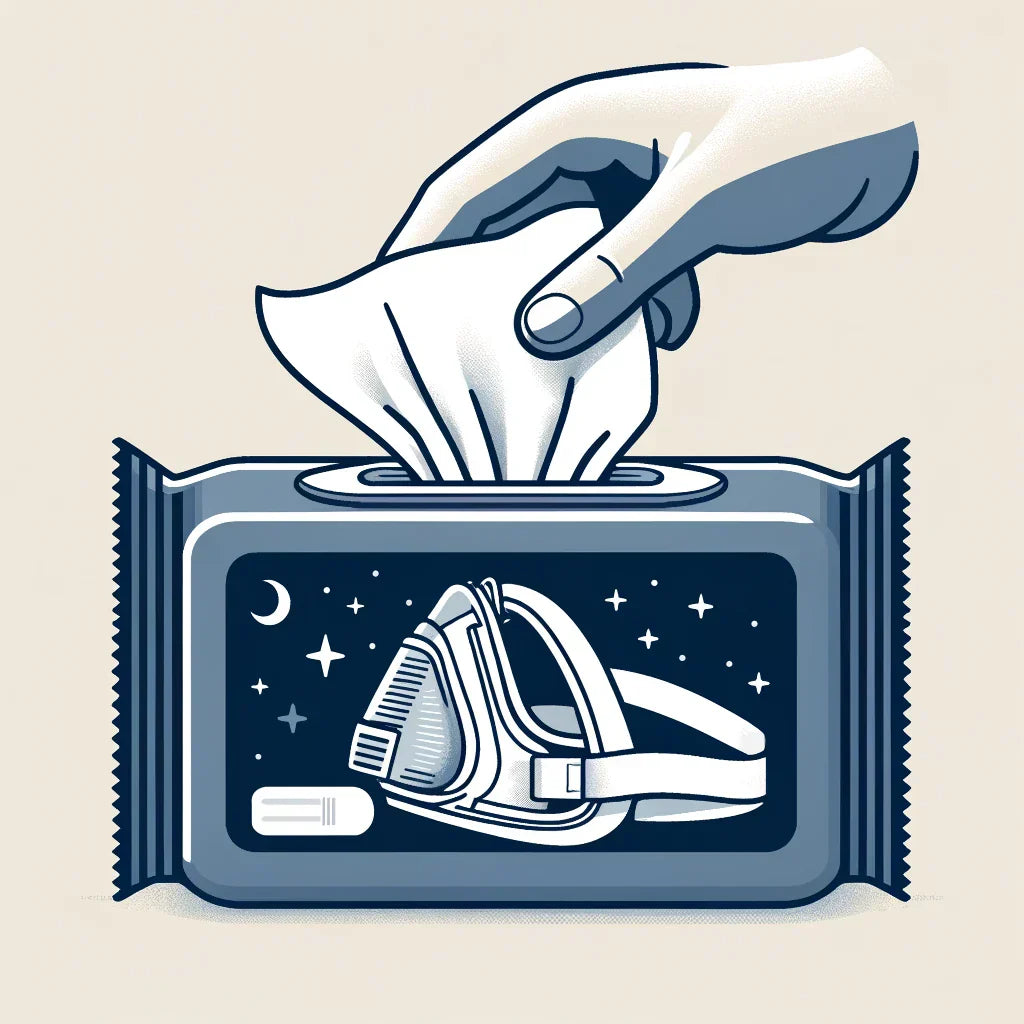 An illustration of a hand pulling a cleaning wipe from a pack of PAP wipes featuring a CPAP mask and a starry night sky design.