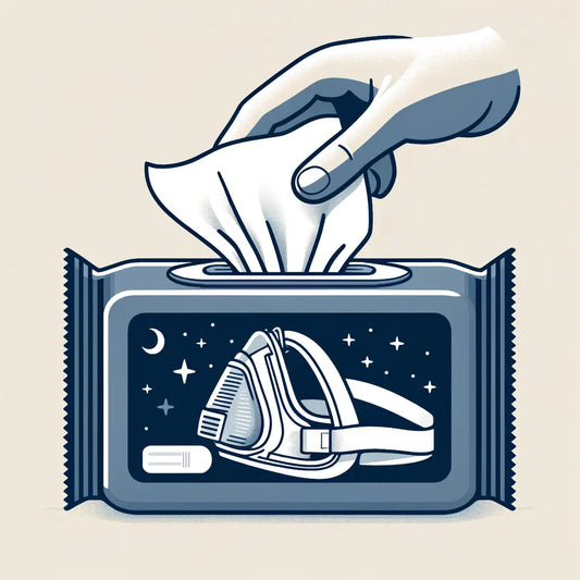 An illustration of a hand pulling a cleaning wipe from a pack of PAP wipes featuring a CPAP mask and a starry night sky design.