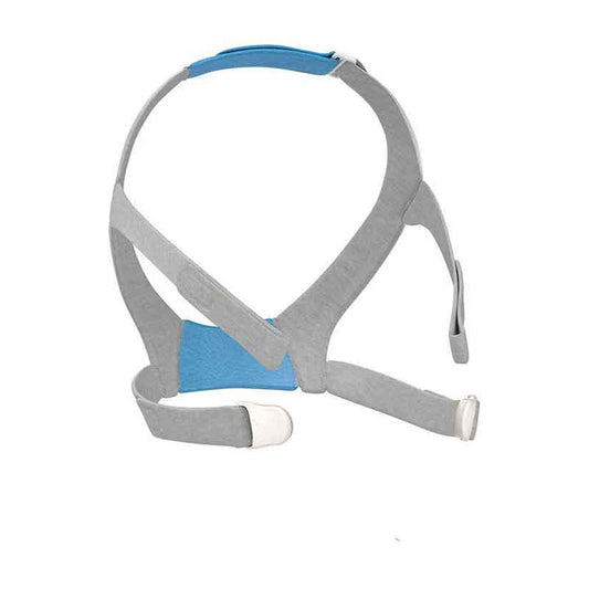 Angled view of the AirFit F30 headgear showing the blue back panel, the upper strap tabs and the lower clips