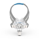 Front view of the AirFit F30 full face mask with its grey headgear and the elbow at the front