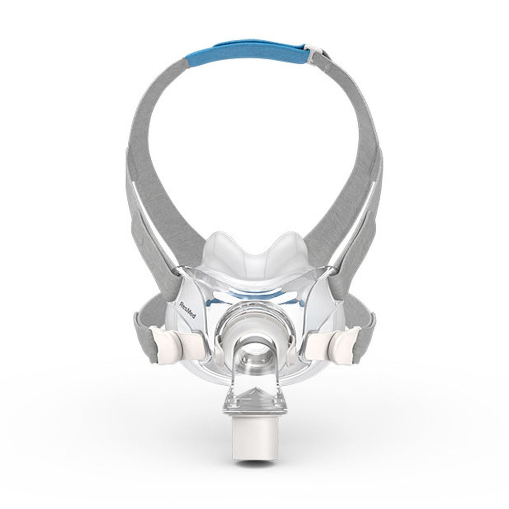 Front view of the AirFit F30 full face mask with its grey headgear and the elbow at the front