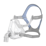 Angled view of the AirFit F10 full face mask on its standard headgear with blue crown straps