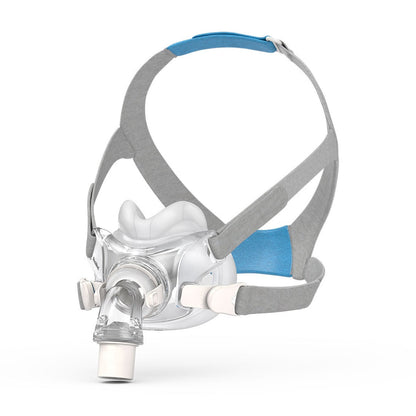 Three-quarter view of the complete AirFit F30 mask, its cushion under the nose and the headgear clipped on