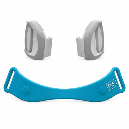 The F&P Evora Full spare set on white: two grey lower headgear clips above the teal frame clip