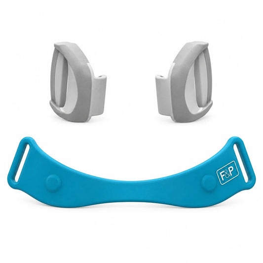 The F&P Evora Full spare set on white: two grey lower headgear clips above the teal frame clip