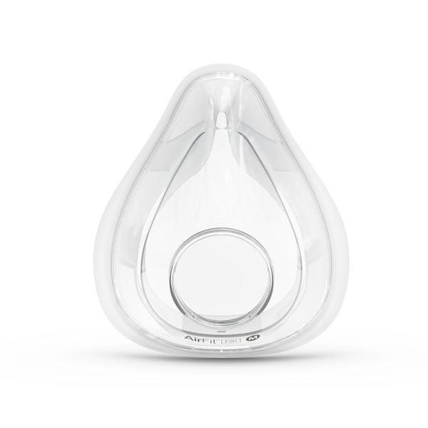 Front view of the ResMed AirFit F20 silicone full face cushion on its own, on a white background