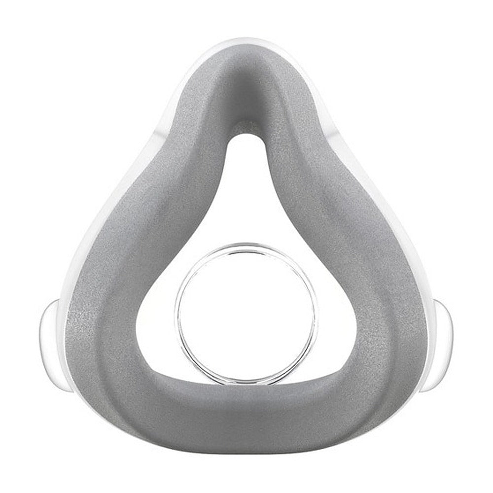 Front view of the ResMed AirTouch F20 cushion, grey UltraSoft memory foam on a clear shell, on white