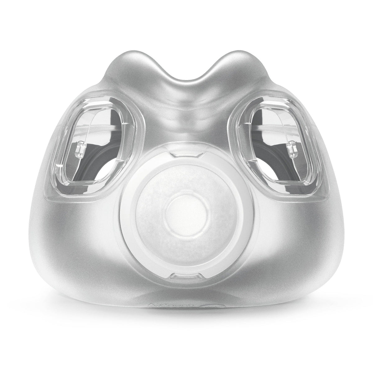 Front view of the ResMed AirTouch F30i cushion, the clear outer shell with its central vent, on white