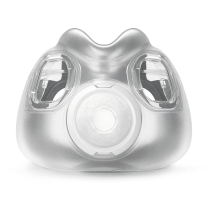 Front view of the ResMed AirTouch F30i cushion, the clear outer shell with its central vent, on white