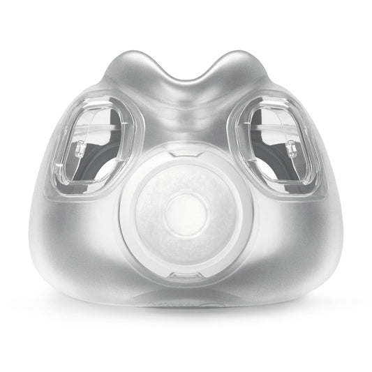 Front view of the ResMed AirTouch F30i cushion, the clear outer shell with its central vent, on white