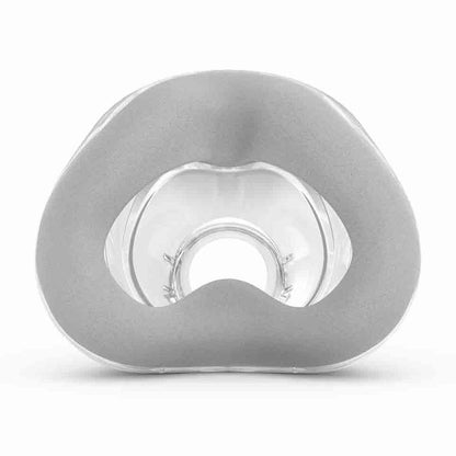 Front view of the ResMed AirTouch N20 nasal cushion, a grey memory foam rim over a clear base