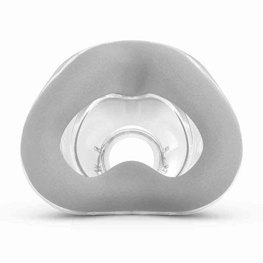 Front view of the ResMed AirTouch N20 nasal cushion, a grey memory foam rim over a clear base