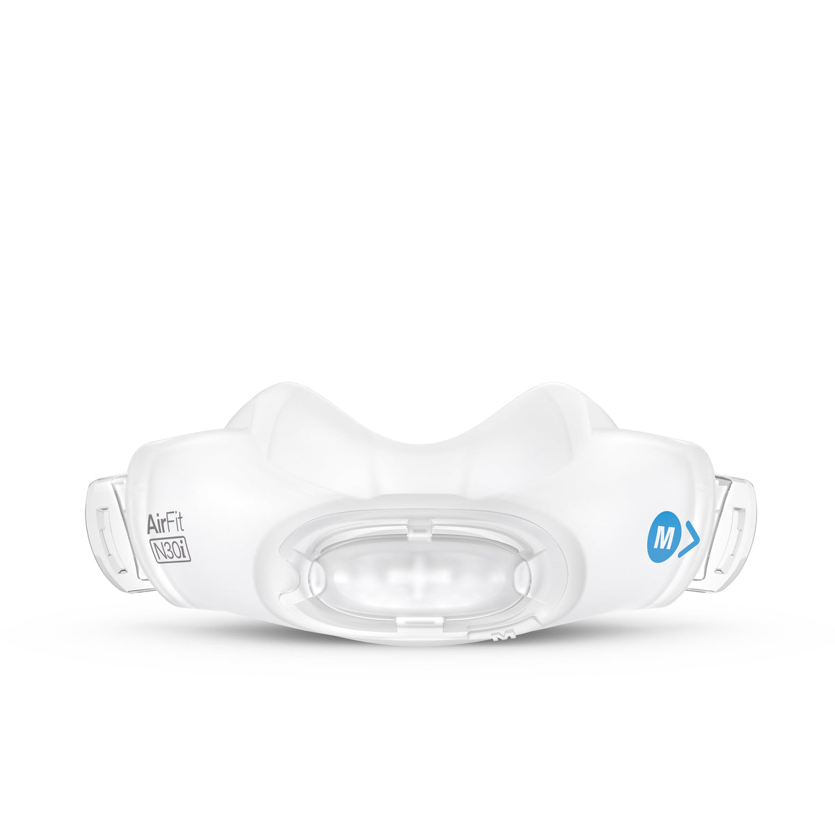 Front view of the ResMed AirFit N30i nasal cradle cushion in Medium, with its blue M size marker