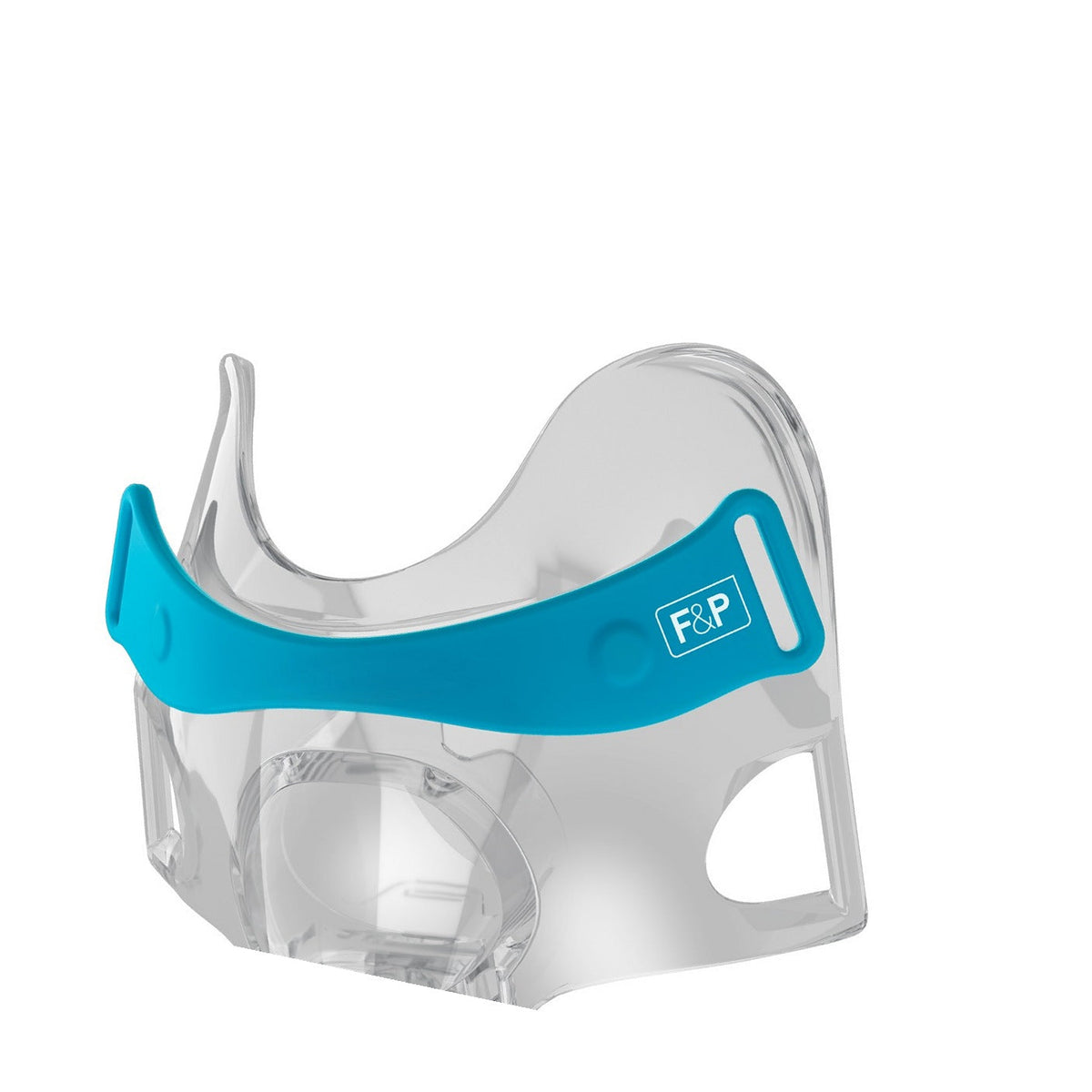 Close view of the teal Evora Full frame clip fitted across the top of the clear mask frame