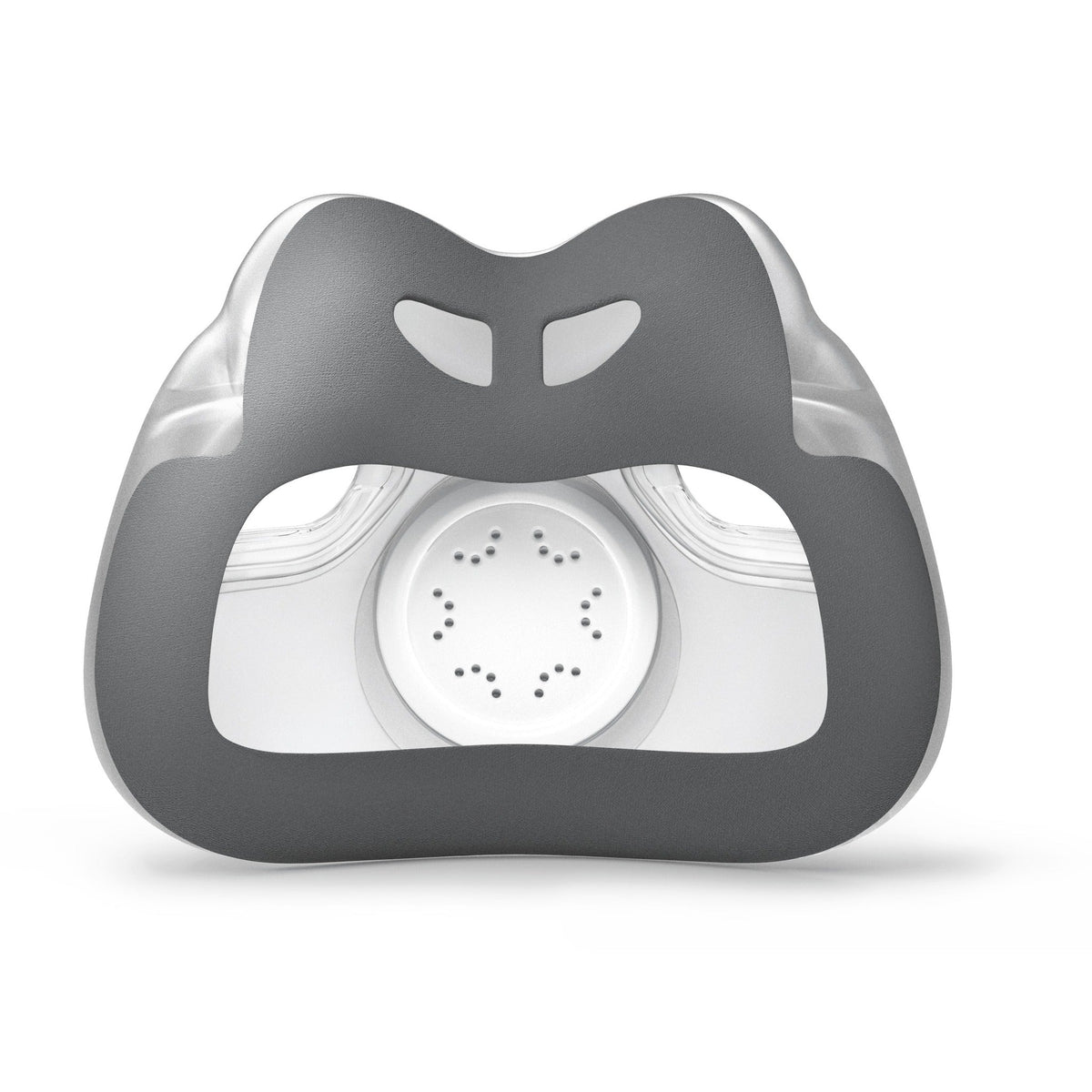 Face side of the AirTouch F30i cushion, covered in grey ComfiSoft fabric around the nose and mouth openings