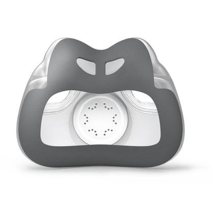Face side of the AirTouch F30i cushion, covered in grey ComfiSoft fabric around the nose and mouth openings