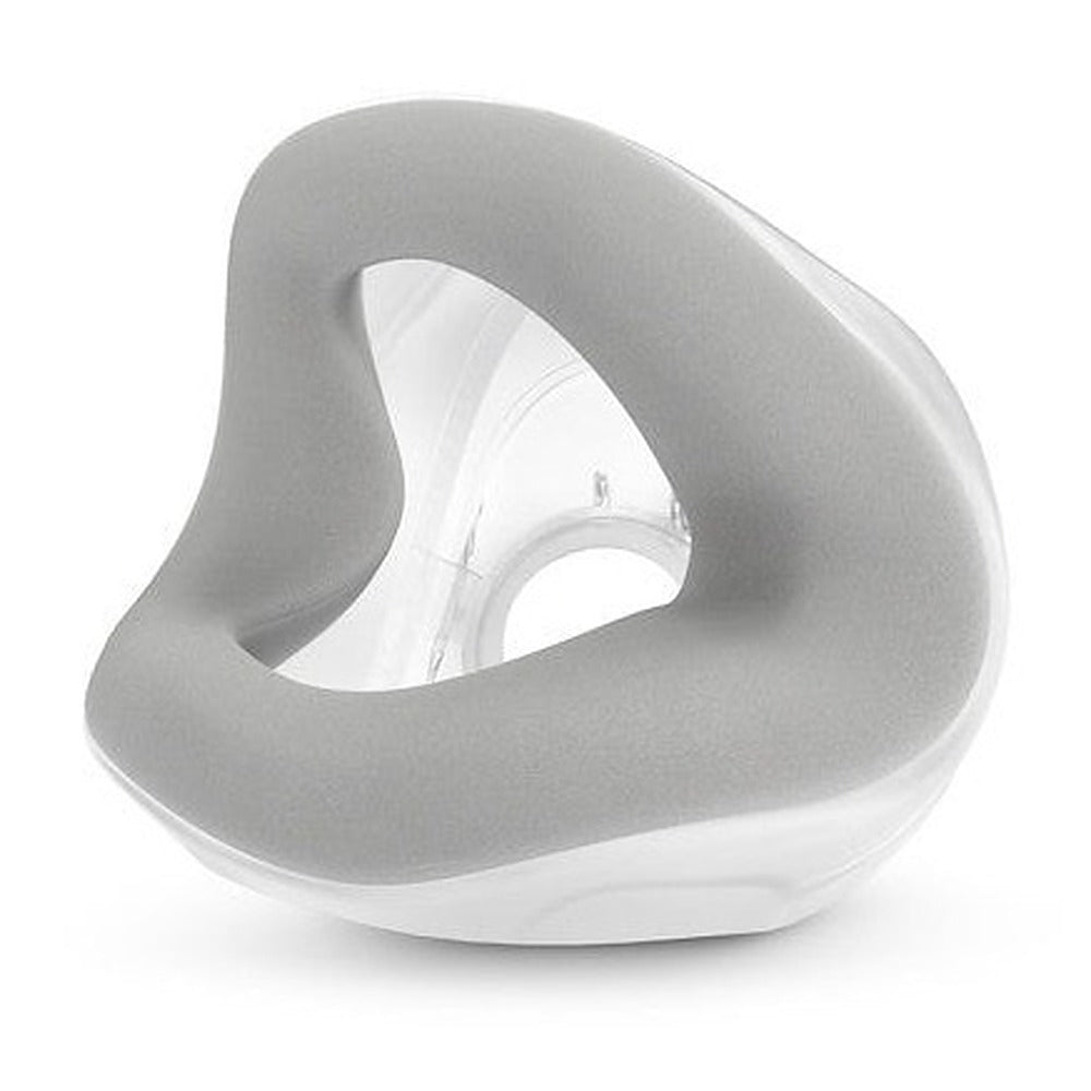 Three-quarter view of the AirTouch N20 foam cushion showing how the grey foam wraps the clear base