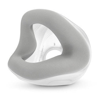 Three-quarter view of the AirTouch N20 foam cushion showing how the grey foam wraps the clear base