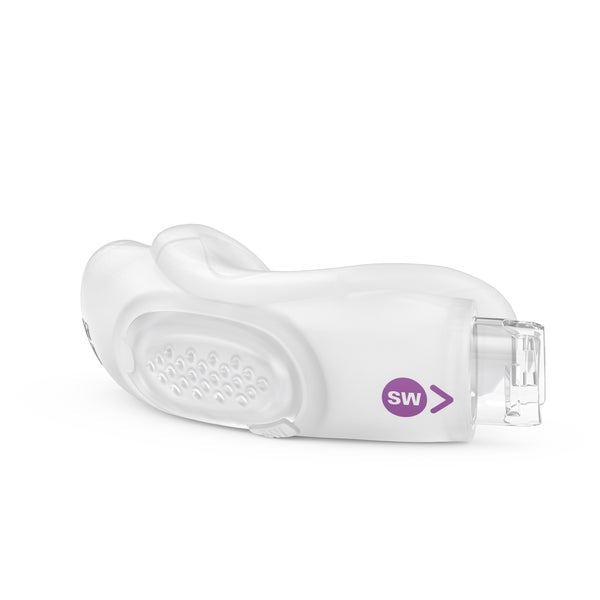 Side view of the AirFit N30i Small Wide cushion with its purple SW marker and vent on white