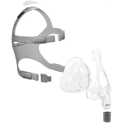 Detailed view of the Simplus mask components including the frame, seal, and swivel connector.