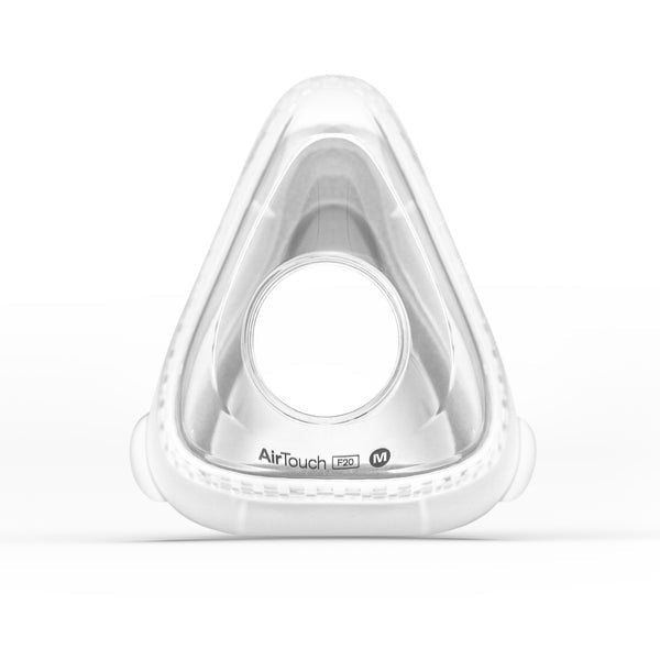 Frame side of the AirTouch F20 cushion, showing the clear shell printed with the AirTouch name and size
