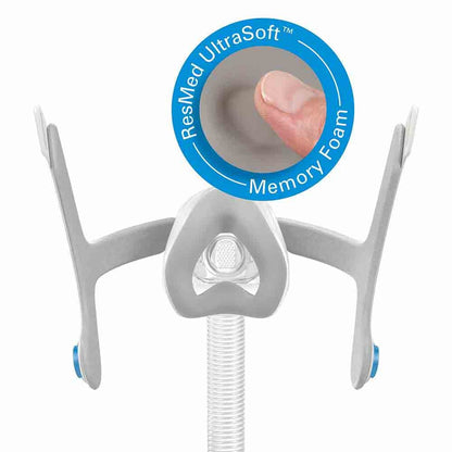 Complete AirTouch N20 nasal mask with headgear and tube, next to a ResMed UltraSoft memory foam badge