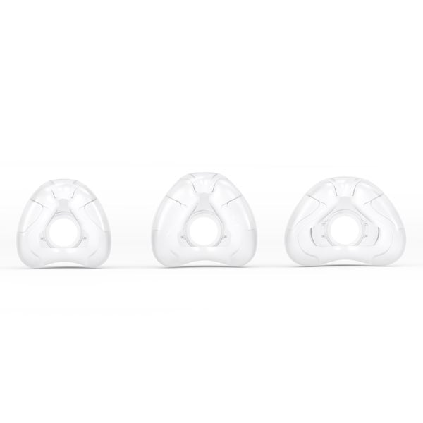 Small, Medium and Large AirFit N20 cushions in a row from the front, on a white background