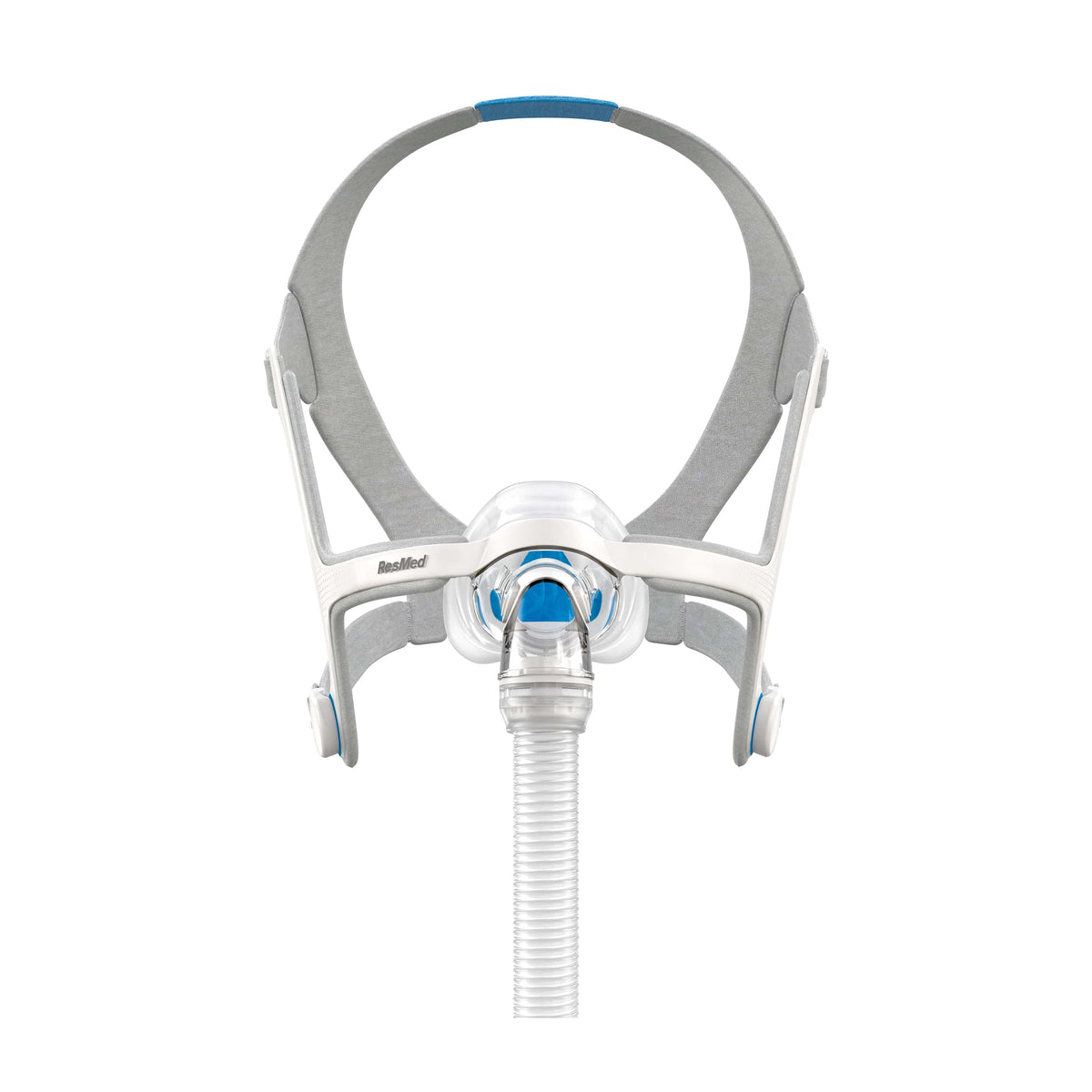 Complete ResMed AirFit N20 nasal mask with cushion, frame, elbow, short tube and headgear on white