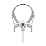 Complete ResMed AirFit N20 nasal mask with cushion, frame, elbow, short tube and headgear on white