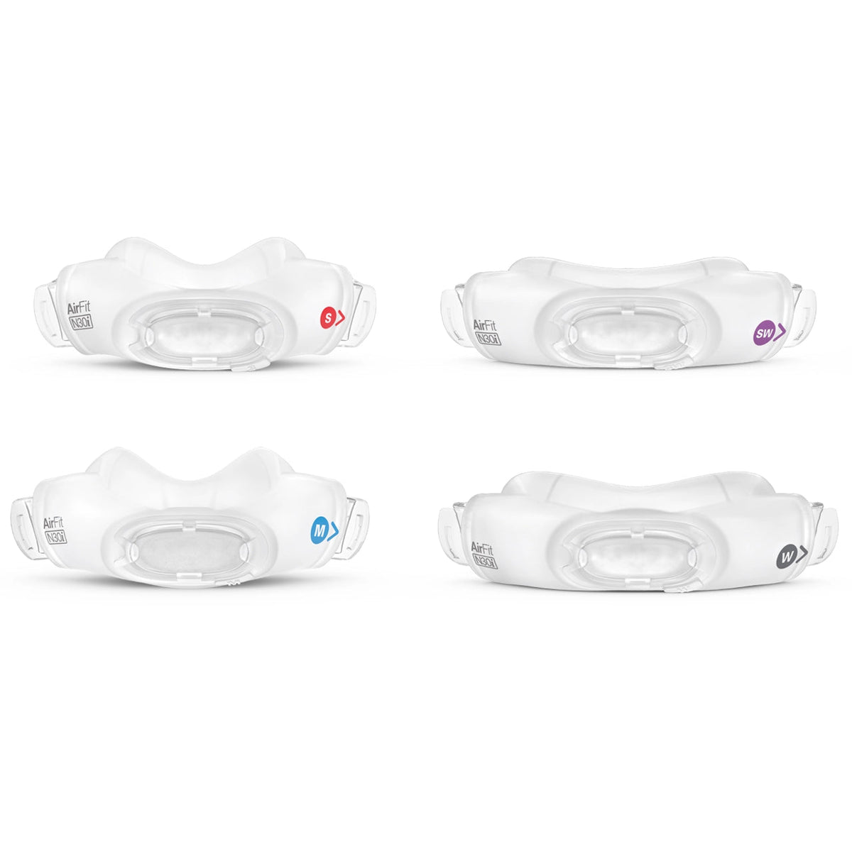 All four AirFit N30i cushions, Small, Medium, Small Wide and Wide, each with its coloured size marker