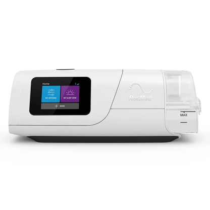 Front view of the ResMed AirCurve 11 VAuto showing the colour touchscreen and the HumidAir 11 water tub