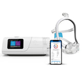 The AirCurve 11 VAuto beside a phone showing the myAir app and a ResMed mask with headgear