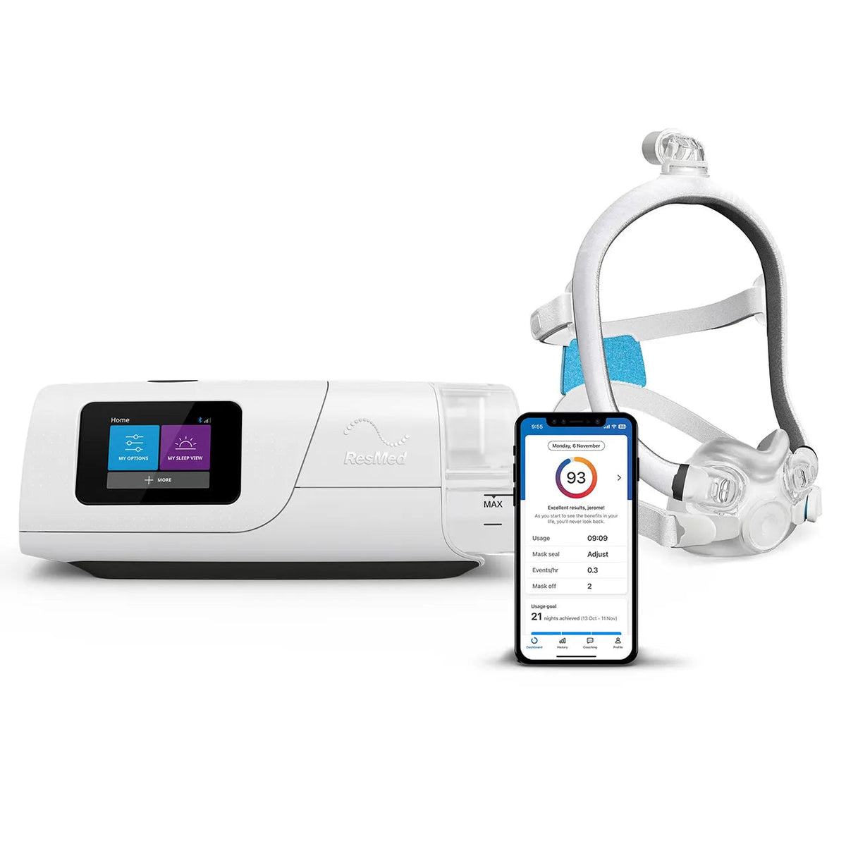 The AirCurve 11 VAuto beside a phone showing the myAir app and a ResMed mask with headgear