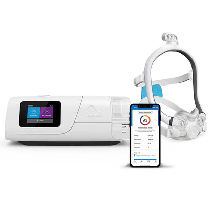 The AirCurve 11 VAuto beside a phone showing the myAir app and a ResMed mask with headgear