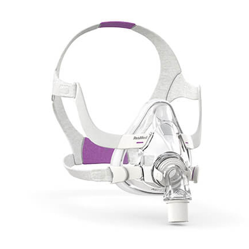 The AirFit F20 For Her, angled to show the lavender accents on its headgear and frame