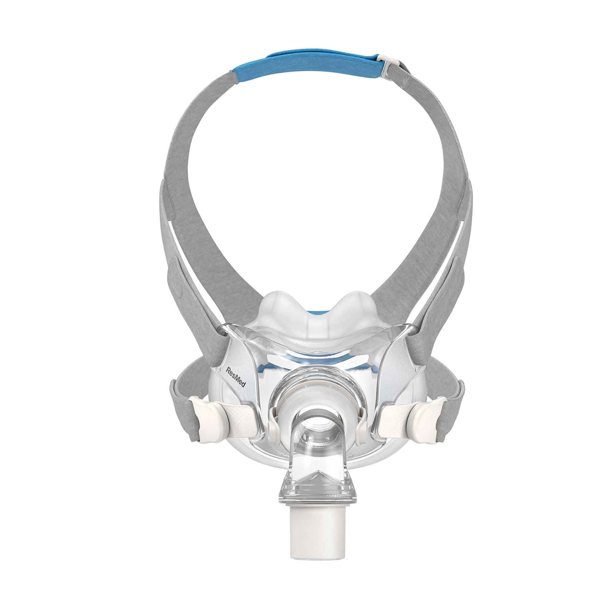 Front view of the ResMed AirFit F30 full face mask, with its grey headgear and blue top strap