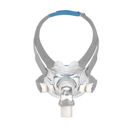 Front view of the ResMed AirFit F30 full face mask, with its grey headgear and blue top strap