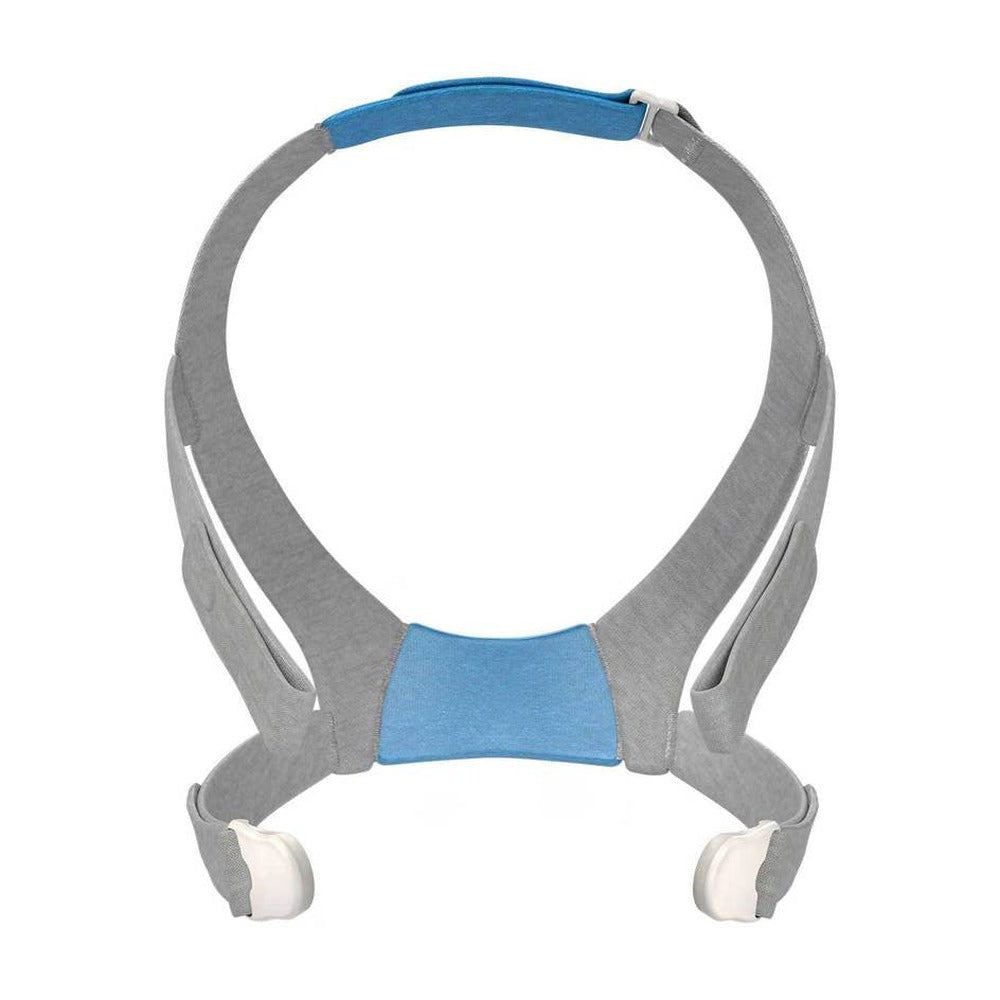 View of the AirFit F30 headgear on its own, with the blue top strap and both magnetic clips