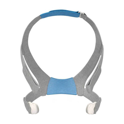 View of the AirFit F30 headgear on its own, with the blue top strap and both magnetic clips