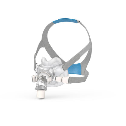 Angled view of the AirFit F30 showing the under-the-nose cushion, the QuietAir elbow and a magnetic clip