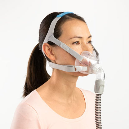Angled photo of a woman wearing the AirFit F30, the cushion sitting below her nose bridge
