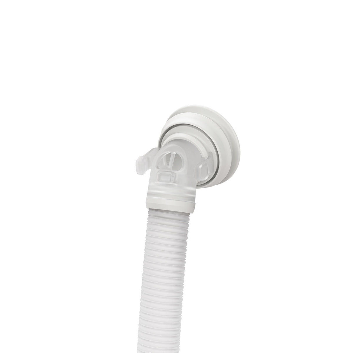 Close-up of the AirFit F40 quick-release elbow with the QuietAir vent ring and short flexible tube