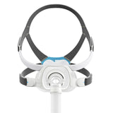 Front view of the ResMed AirFit F40 full face mask, with grey headgear and a short tube below