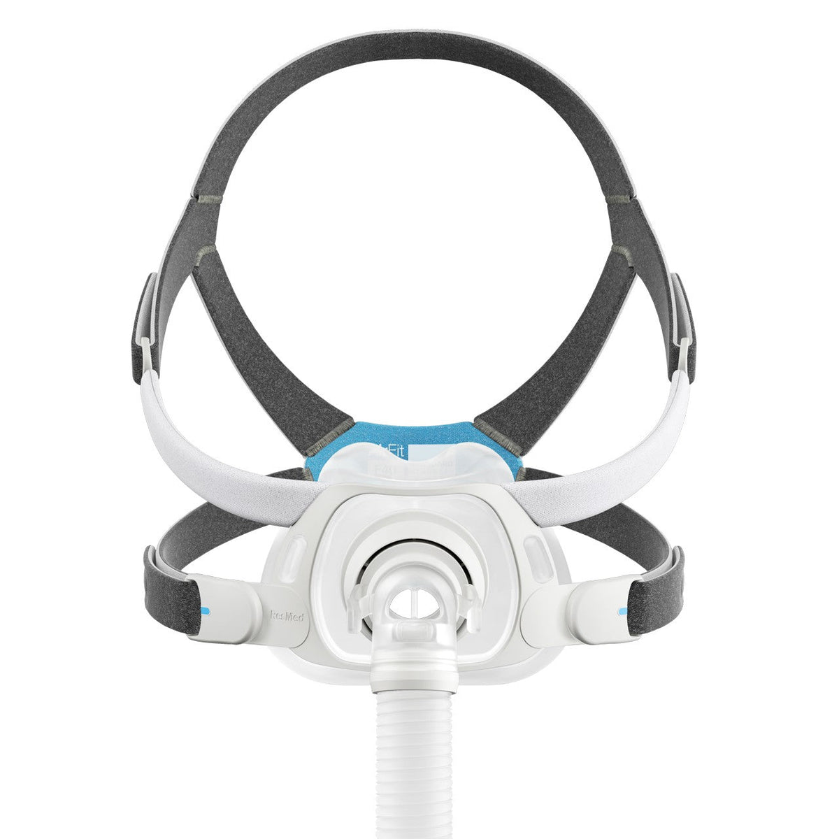 Front view of the ResMed AirFit F40 full face mask, with grey headgear and a short tube below